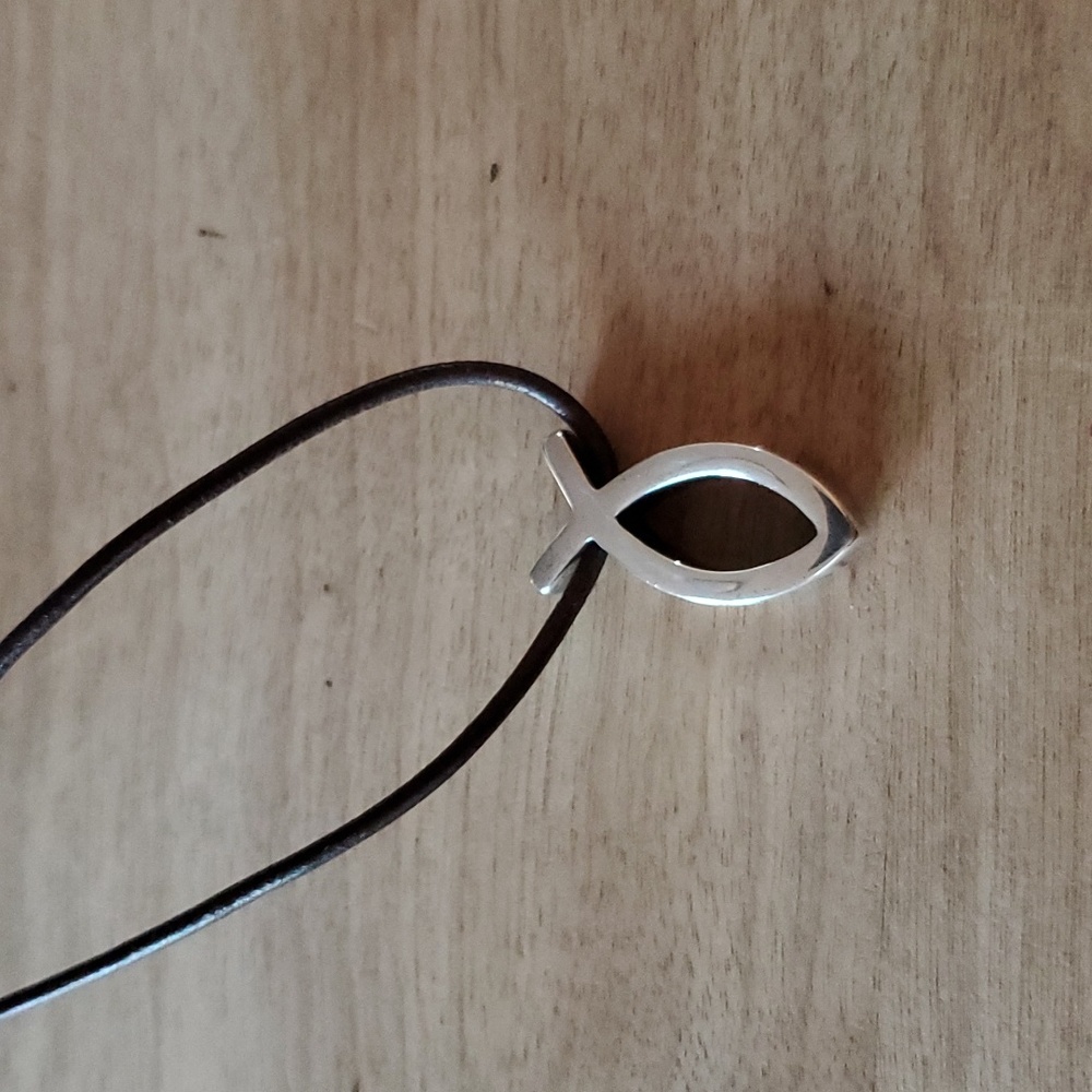James Avery Ichthus Fish Pendant Necklace on Brown Leather Cord